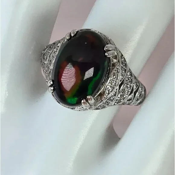 925 Sterling Silver Ring SZ 6.5 with Natural Black Opal & Cz